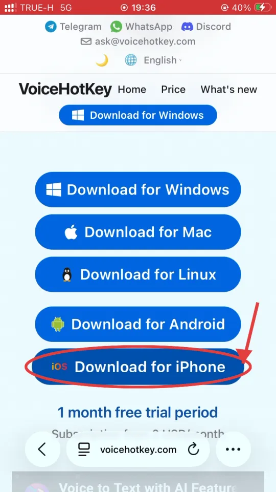 หน้าแรกของ voicehotkey.com พร้อมปุ่ม Download for iPhone
