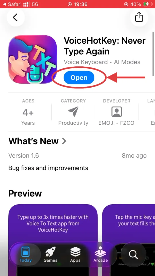 ปุ่ม Open ของ App Store หลังจากติดตั้งแล้ว