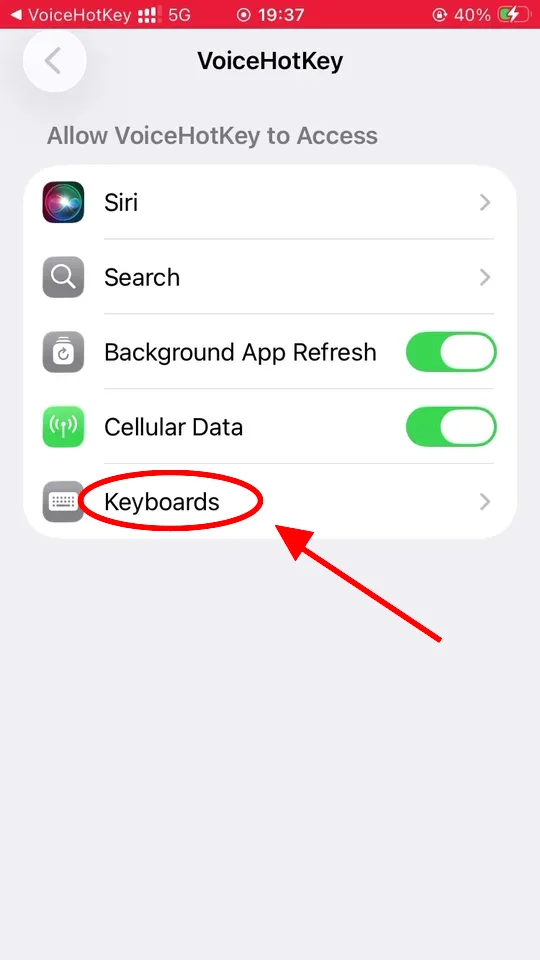 iOS Settings แสดงสิทธิ์ของ VoiceHotKey