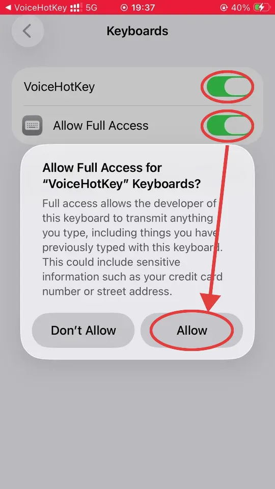 ไดอะล็อกเตือน iOS Allow Full Access