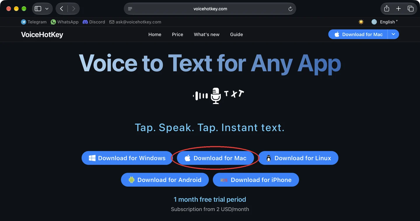 หน้าแรกของ voicehotkey.com พร้อมปุ่มดาวน์โหลดสำหรับ Mac