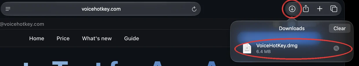 รายการดาวน์โหลดใน Safari ที่มี VoiceHotKey.dmg