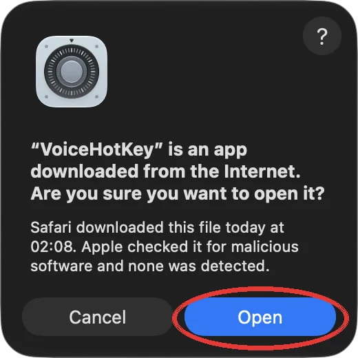 กล่องโต้ตอบ macOS สำหรับแอปที่ดาวน์โหลดจากอินเทอร์เน็ตพร้อมปุ่มเปิด