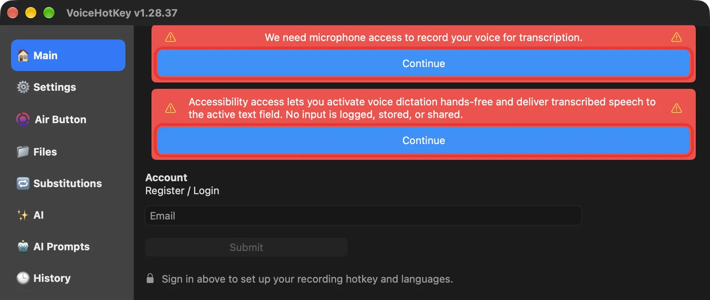 หน้าต่างหลักของ VoiceHotKey พร้อมข้อความแจ้งเรื่องไมโครโฟนและการช่วยการเข้าถึง