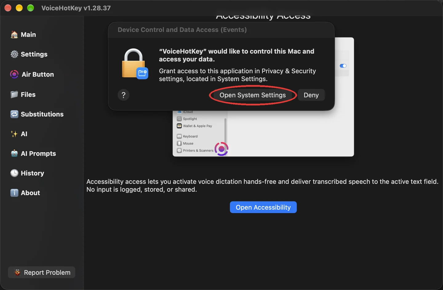 คำขอการช่วยการเข้าถึงของ macOS พร้อมปุ่มเปิดการตั้งค่าระบบ