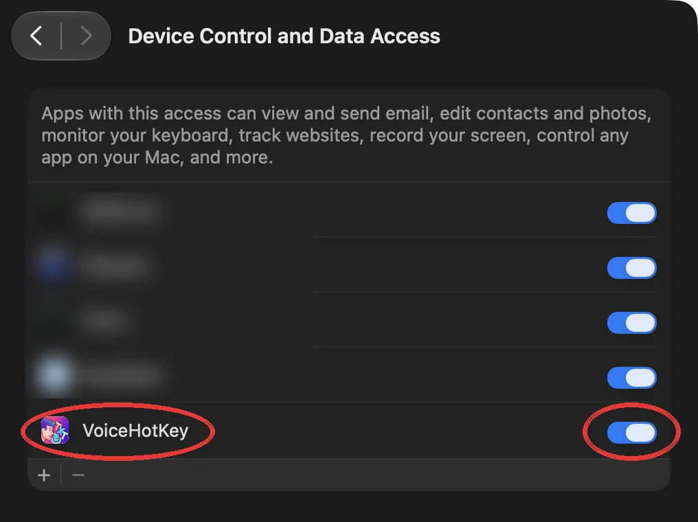 การตั้งค่าระบบที่เปิดสวิตช์ VoiceHotKey แล้ว