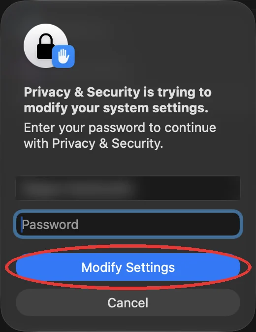หน้าขอรหัสผ่านของ macOS พร้อมปุ่มแก้ไขการตั้งค่า
