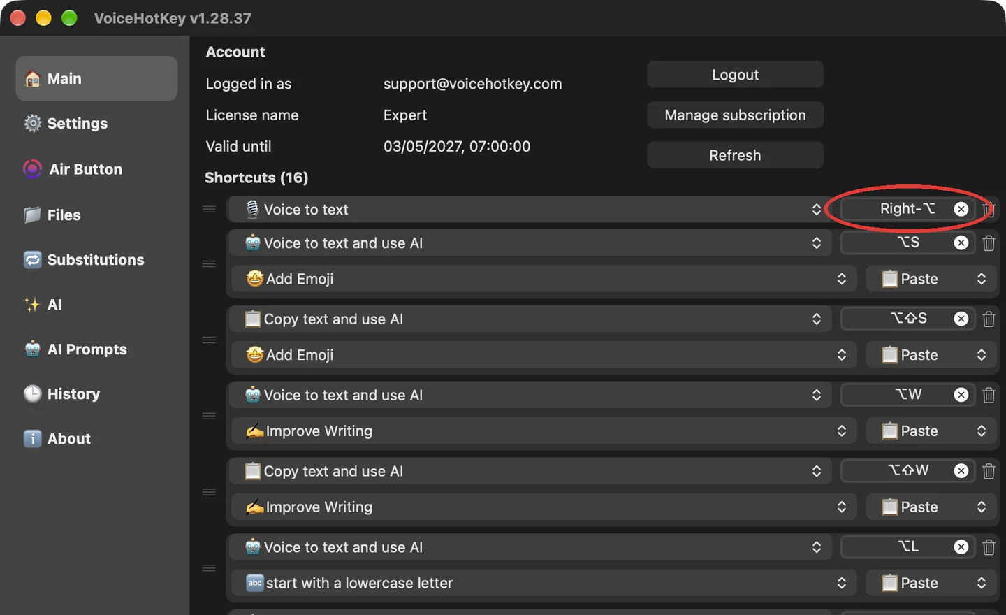 VoiceHotKey หลังเข้าสู่ระบบ โดยตั้งปุ่มลัดพูดเพื่อพิมพ์เป็น Option ขวา