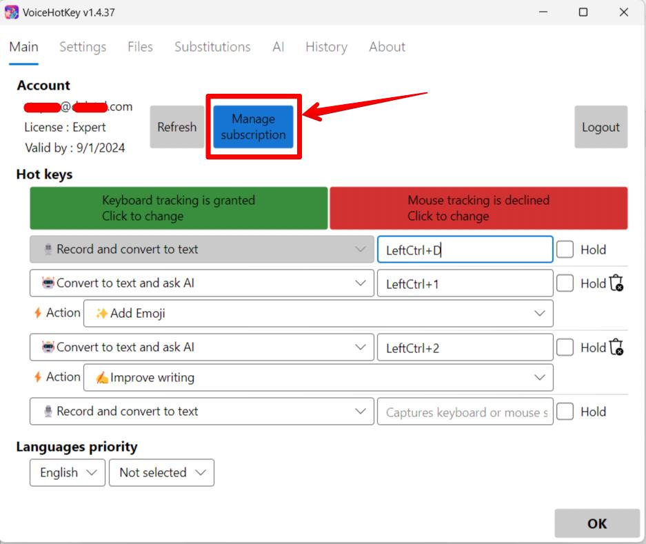 VoiceHotKey Windows จัดการการสมัครสมาชิก